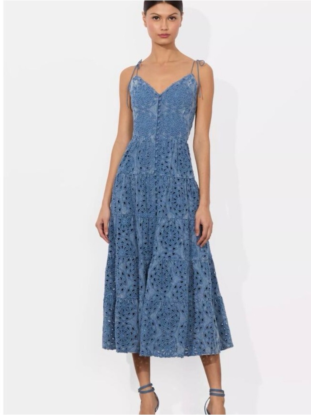 Alice + Olivia Shanti Embroidered Chambray Blue Midi Dress US 0